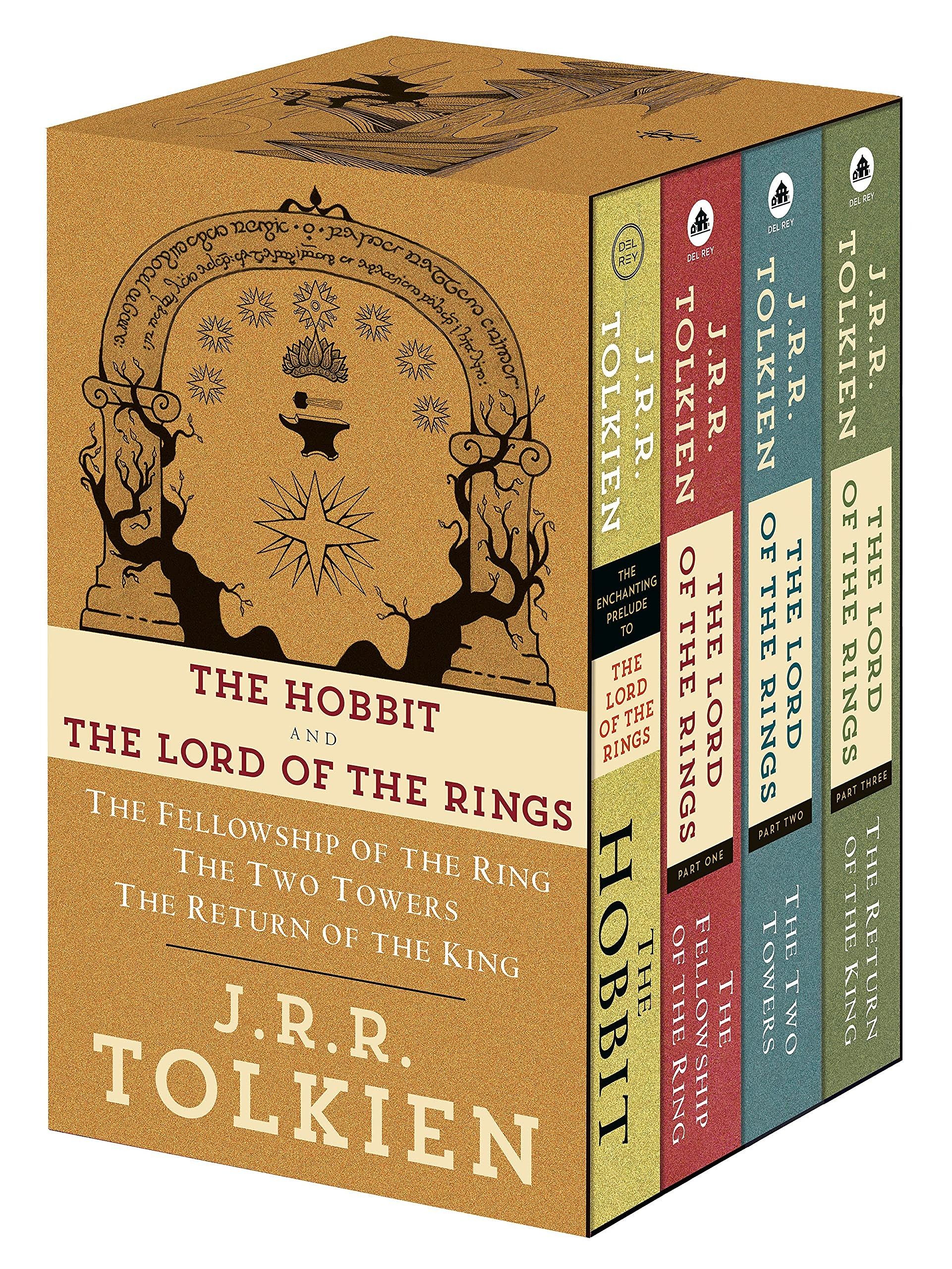 Bìa sách 'The Lord of the Rings' của J.R.R. Tolkien, một tác phẩm kỳ ảo kinh điển về cuộc phiêu lưu của Frodo và những người bạn đồng hành.